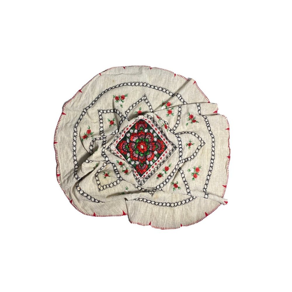 Vintage Linen Tablecloth Oval Heavily Embroidered Red Beige Intricate Round Rare